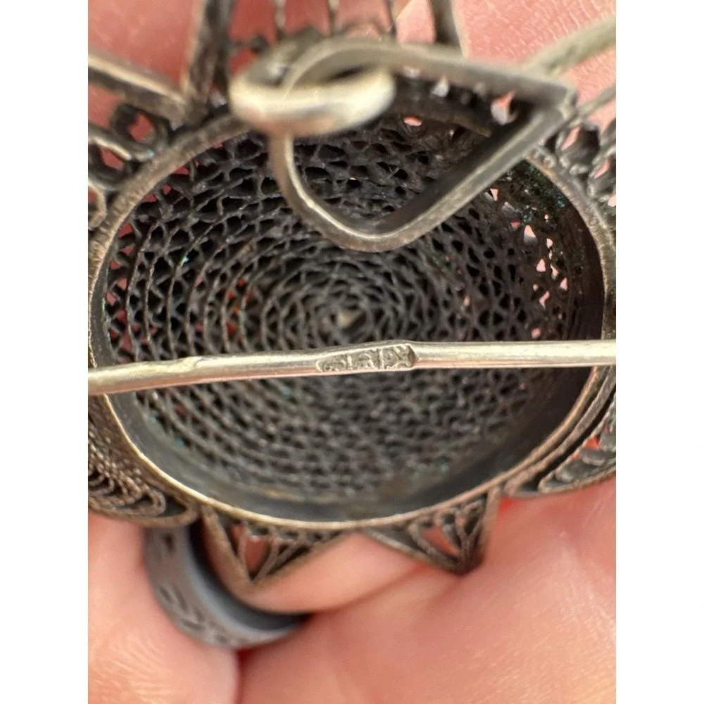 Vintage Egyptian Silver Filigree Carnelian Brooch Pendant Handmade Lotus Jewelry
